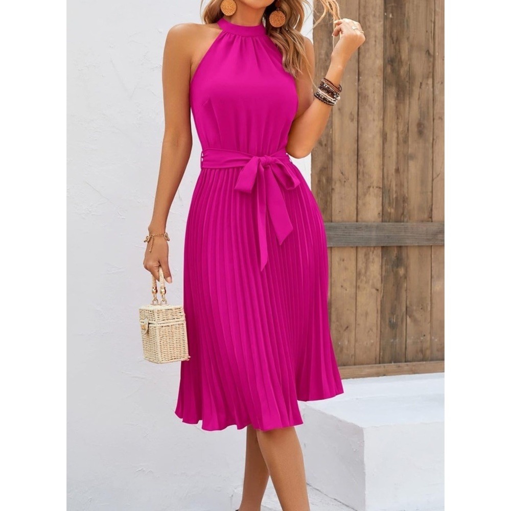 Halter Neck Midi Dress in Fuchsia with Waist Tie